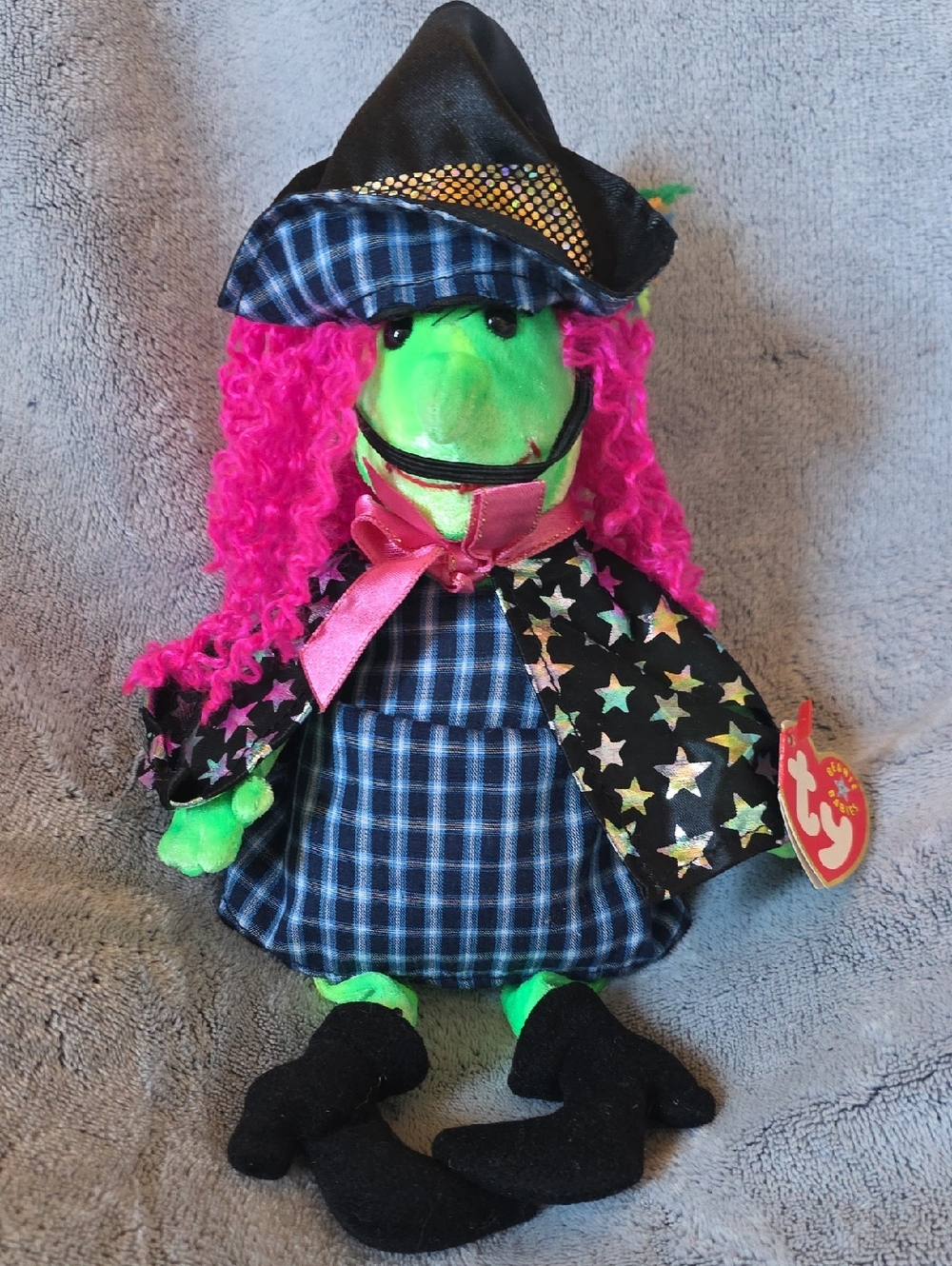 Ty Green SCARY Witch Plush with Pink Hair and Star Cape